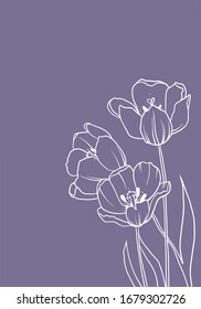 Flowers Drawing Vector Illustration And Line Art. Vector White Line Art On Purple Background. Floral Background Wallpaper. Flower Ornament Good For Web, Print And Stencil.