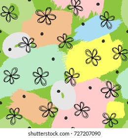 Flowers drawn by hand on background with watercolor brushstrokes. Seamless pattern for children. Doodle, sketch, graffiti. Black, green, yellow, blue, brown, gray, pink colour. Vector illustration.