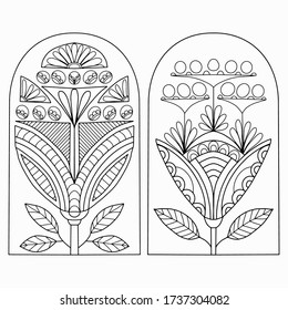 flowers drawn for coloring with linear ornaments and folk style flowers, vector for coloring, isolated