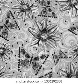 Flowers drawn in a graphic sketch on a seamless black and white background. Greeting card, certificate, spring, summer sale, discounts, fabrics, Wallpaper, paper, birthday, wedding, mother's day
