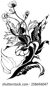 Flowers, drawn in ink on old paper. Children's drawing a pencil in graphics technology. Roses and lily. Vintage elegant style. The thin smooth lines. Template for greeting card. Black and white
