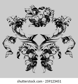Flowers, drawn in ink on old paper. Children's drawing a pencil in graphics technology. Roses and daisies. Vintage elegant style. The thin smooth lines. Template for greeting card. Black and gray