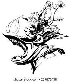 Flowers, drawn in ink on old paper. Children's drawing a pencil in graphics technology. Roses and lily. Vintage elegant style. The thin smooth lines. Template for greeting card. Black and white