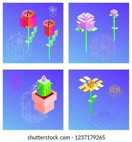 Flowers drawn in isometry on a bright gradient background. Illustration for web and print design in vector format.