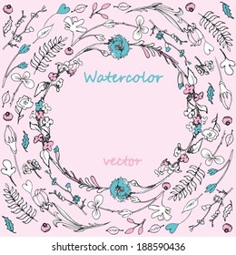 Flowers drawn lines in a circle on a pink background, vector