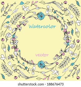 Flowers drawn lines in a circle on a yellow background, vector