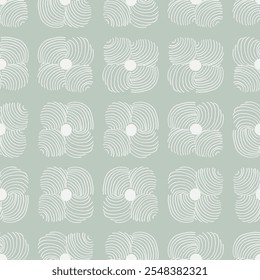 Flowers drawn with lines giving illusion of movement in white on mint green background. Simple green and white floral repeat. A seamless vector pattern. Great for homedecor,fabric, wallpaper, giftwrap