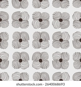 Flowers drawn with lines giving an illusion of movement, forming a minimalist abstract pattern in colors of black on white background. Seamless vector pattern. Great for home decor, fabric, wallpaper.