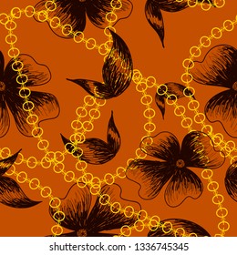 flowers drawn on a light brown color with golden chains