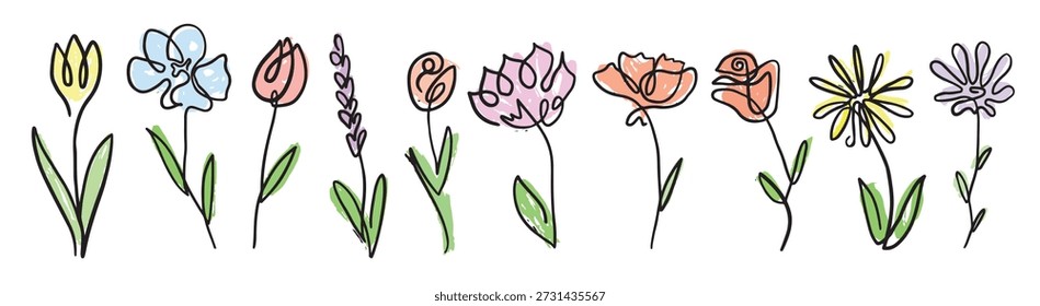 Flores dibujadas en una línea en Vector dibujado a mano minimalismo