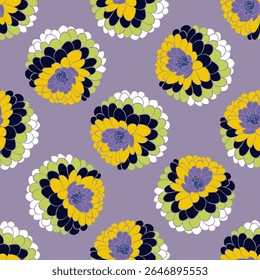 As flores são desenhadas em um estilo que se assemelha a rendas ou mosaicos abstratos mexicanos. Cada flor tem muitas pétalas dispostas em um padrão em espiral ou anel. No centro de cada pétala há uma área de cor roxa.