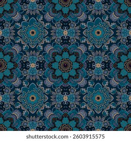 Flowers at dusk. Seamless symmetrical plant pattern in ethnic style. Print for fabric, carpet.