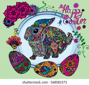 Flowers, Easter Bunny and colored eggs Doodle ornament.