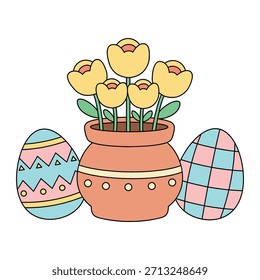 Ilustración del Clipart de las flores y de los huevos de Pascua aislada en el Vector blanco del fondo. Tarjeta de Pascua con flores amarillas y huevos de Pascua.