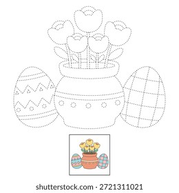 Página para colorear de flores y huevos de Pascua para imprimir la actividad de la hoja de cálculo de Pascua. Trazo y color Flores y Huevos de Pascua, Vector. Dibujo para colorear de Huevos de Pascua para niños. 