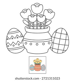 Página para colorear de flores y huevos de Pascua para imprimir la actividad de la hoja de cálculo de Pascua. Trazo y color Flores y Huevos de Pascua, Vector. Dibujo para colorear de Huevos de Pascua para niños. 
