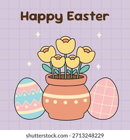 Flores y Huevos de Pascua. Vector imprimible de la tarjeta del día de Pascua feliz. Tarjeta de Pascua con flores amarillas y huevos de Pascua.