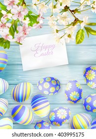 Flowers and easter eggs on the wooden background. EPS 10 vector file included