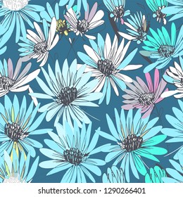 Flowers Echinacea freehand drawing in gray, blue, white, pink and beige colors seamless pattern on blue background