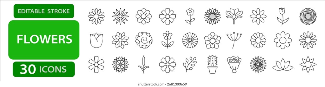 Flowers editable stroke icons including daisies, tulips, sunflowers, lotus, blossoms, leaves, cactus, and floral arrangements.