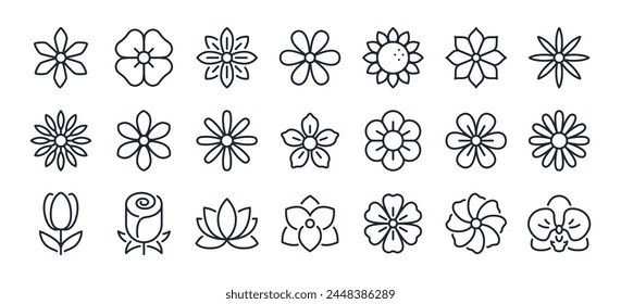 Iconos editables del contorno del trazo de las flores fijados aislados en la Ilustración vectorial plana del fondo blanco. Píxel perfecto. 64 x 64