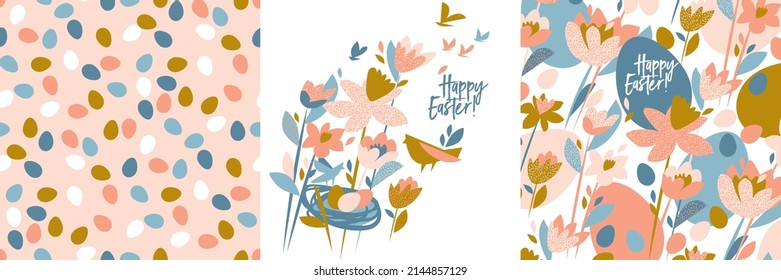 Flores y huevos Ilustración vectorial de Pascua. Conjunto de imágenes prediseñadas de primavera para la impresión de Pascua y el uso digital. 
