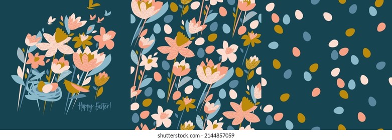 Flowers and eggs Easter vector seamless patterns and card. Set of spring holiday clip-art illustration for Easter print and digital use. 