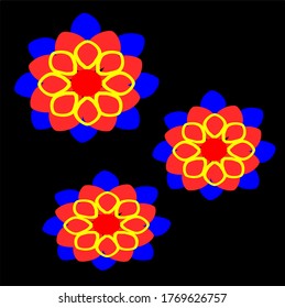flowers with eight yellow petals in the first layer then the second layer with eight red petals and then the third layer with eight blue petals