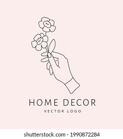 Flores en mano elegante. Logo vectorial de decoración casera en un sencillo estilo lineal dibujado a mano. Emblem, letrero, elemento para la tienda interior, empaque de cosméticos, para historias y posts de medios sociales. 