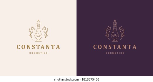 Flowers and elegant perfume glass bottle logo template linear vector illustration. Delicate flowers depicted with cosmetics spray silhouette line art style. Good for logo emblem or poster decoration.