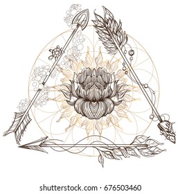 Flowers. Element in the style of Boho. Contour illustrations for the creation of tattoos, coloring, clothing design and printed products.