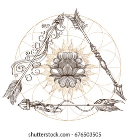 Flowers. Element in the style of Boho. Contour illustrations for the creation of tattoos, coloring, clothing design and printed products.