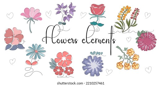 Flowers elements designed in vintage doodle style on white background. For decorations, wedding cards, digital prints, spring theme decorations, scrapbook and more 
