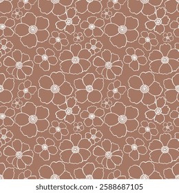 Flowers Elements white Vector illustration seamless pattern. Mocha Mousse background. Hand painted floral flower decor. Spring summer vibes print Draw. Fabric, gift wrap, wrapping design, wallpaper.