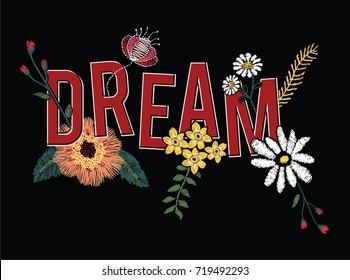 flowers embroidery and slogan