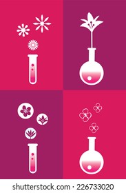 Flowers emerging from laboratory test tubes and round-bottom flask. Concept for scent and perfume fragrance making