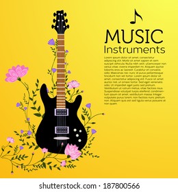 flowers entwined guitar vector background concept
