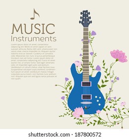 flowers entwined guitar vector background concept