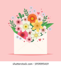 Flowers in an envelope. Cute Mother s day or Valentine greeting card. Vector illustration