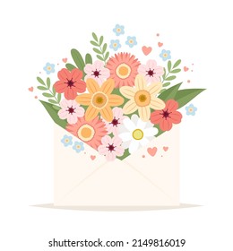 Flowers in envelope. Cute postcard or greeting card template. Vector illustration in flat cartoon style