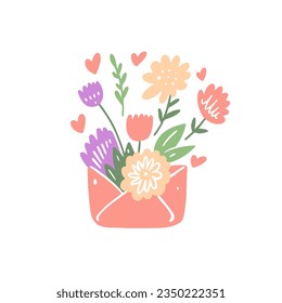 Blumen in einem Umschlag. Flaches Design bunte Kunst, Vektorgrafik. Einzeln auf weißem Hintergrund.