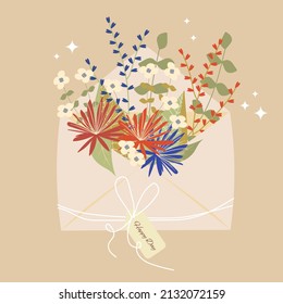 Flowers in an envelope. Floral mail. 