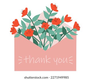 Flowers in an envelope. Floral mail. Gentle postcard or greeting card template. Vector illustration in flat cartoon style isolated on white background.