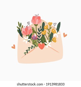 Flowers in an envelope. Floral mail. Happy Valentine's Day