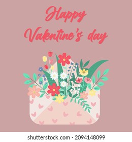 Flowers in an envelope. Floral mail. Happy Valentine's Day text. Greeting card.
