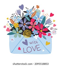 Flowers in an envelope. Floral mail. Happy Valentine's Day.Illustration of flowers in an envelope. Vector design concept for Mother's Day and other users.Wildflowers romantic, love message.Mother's 