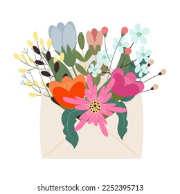 Flores en un sobre. Correo de primavera floral. Feliz Día de San Valentín. Ilustración del vector