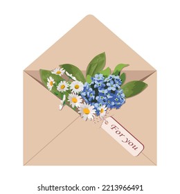 Flowers in the envelope with inscription: “For you!”. Modern greeting concept. Vector illustration isolated on white background.