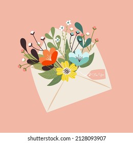 Flowers in the envelope isolated illustration. Mother's day, women's day gift. Hand-drawn trendy letter with flowers inside. Modern greeting concept. Beautiful floristics. Botanical elements.