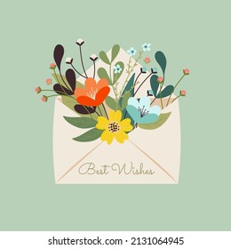 Flowers in the envelope isolated illustration. Mother's day, Best Wishes. Hand-drawn trendy letter with flowers inside. Modern greeting concept. Beautiful floristics. Botanical elements.